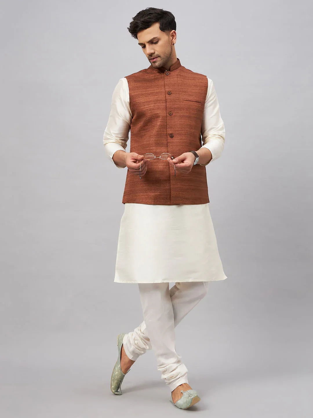 Men's Coffee Matka Silk Nehru Jacket With Cream Silk Blend Kurta Pyjama Set