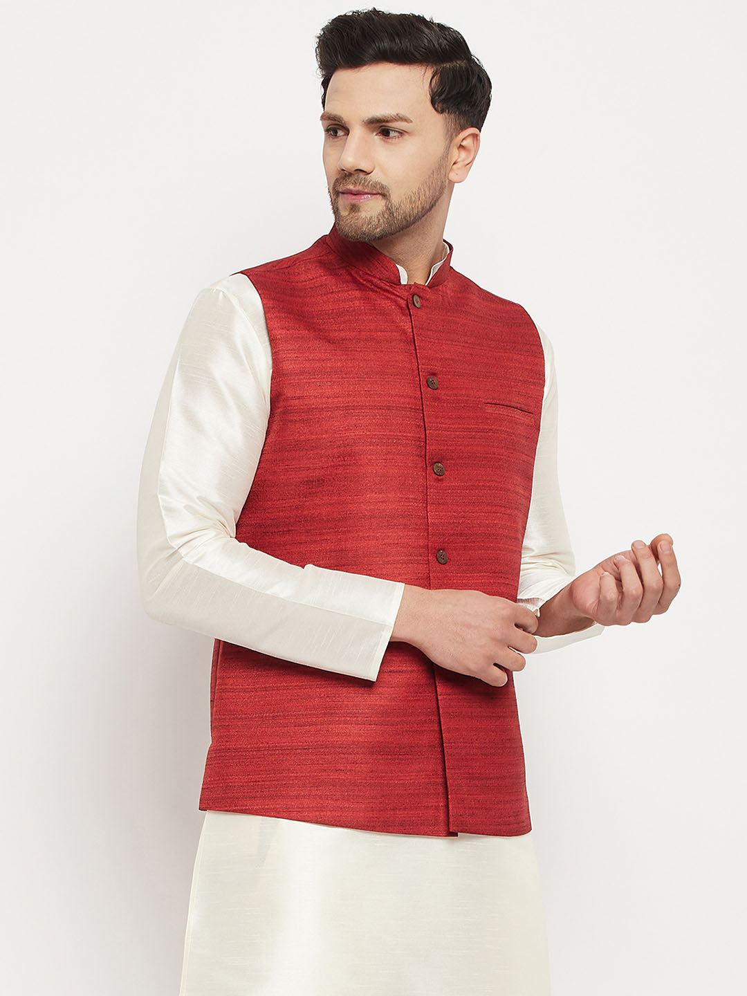 VASTRAMAY Men's Maroon Silk Blend Nehru Jacket