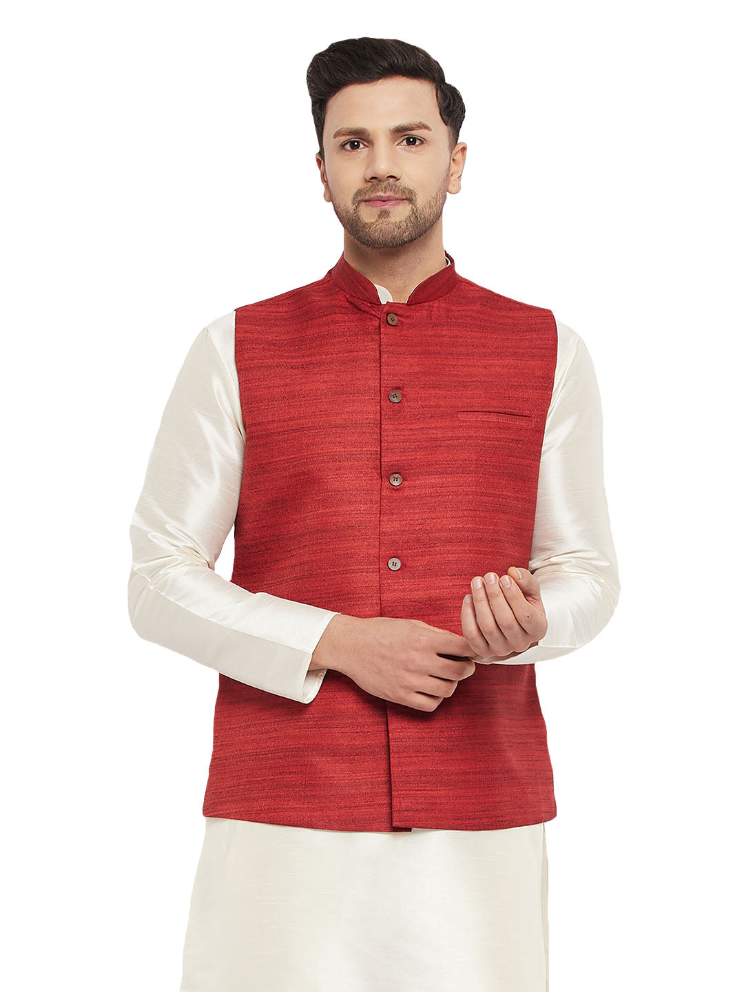VASTRAMAY Men's Maroon Silk Blend Nehru Jacket