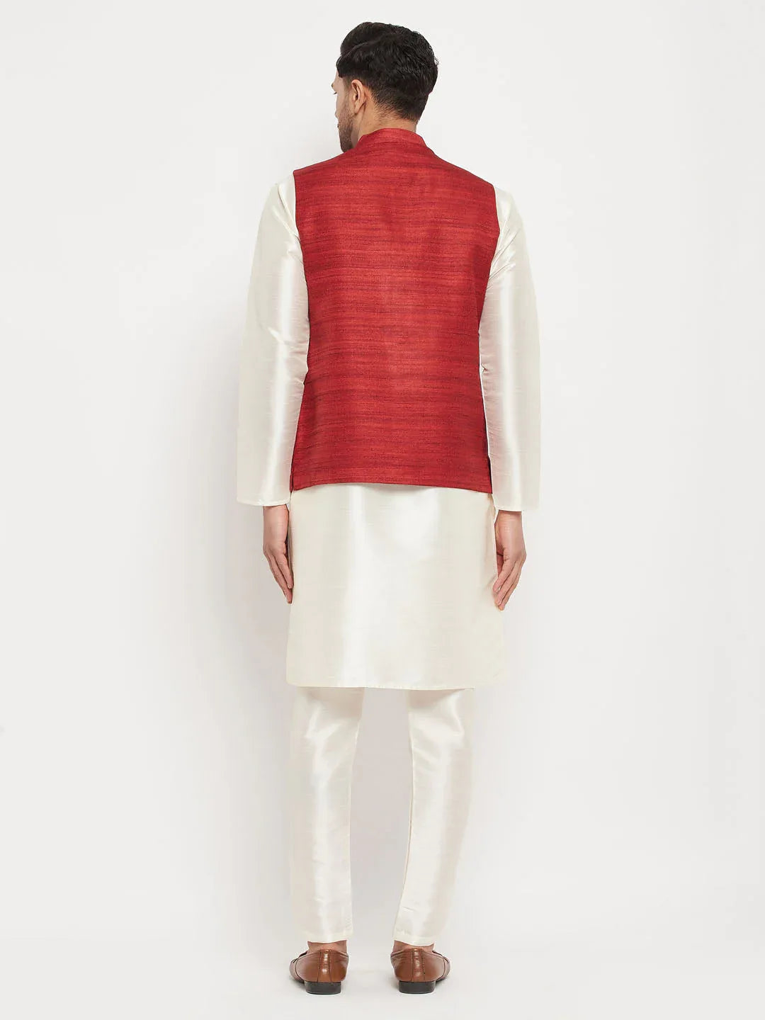 Men's Maroon Matka Silk Nehru Jacket With Cream Silk Blend Kurta And Pant Style Pyjama Set