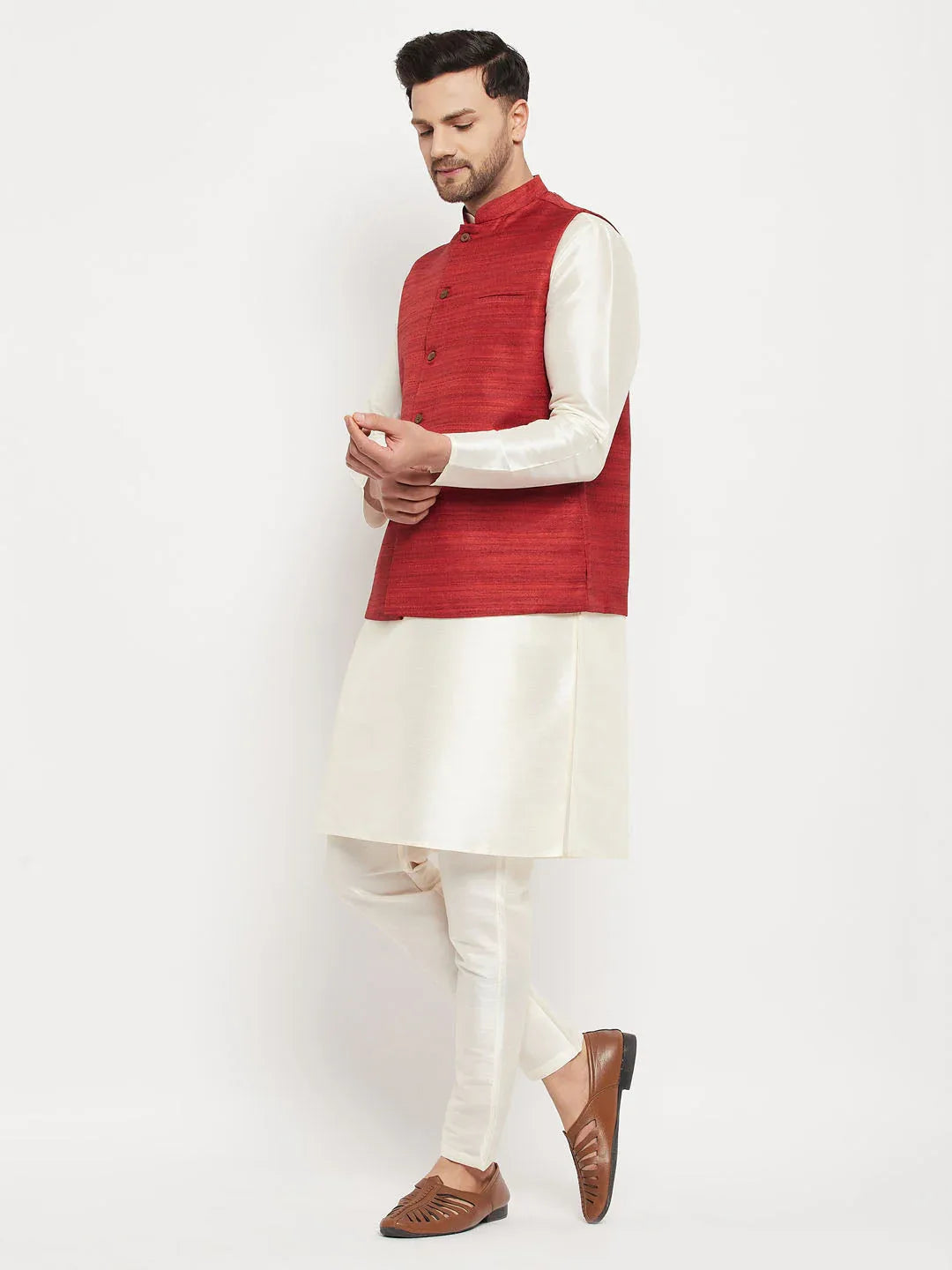 Men's Maroon Matka Silk Nehru Jacket With Cream Silk Blend Kurta And Pant Style Pyjama Set