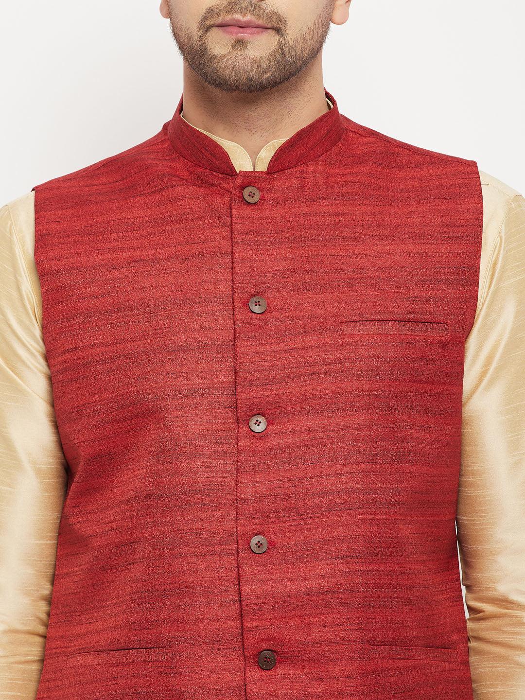 Men's Maroon Matka Silk Nehru Jacket With Gold Silk Blend Kurta And Pant Style Pyjama Set