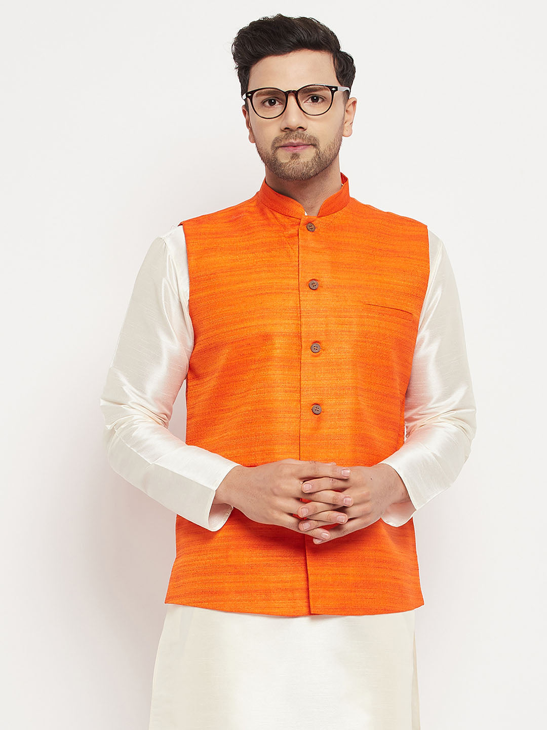 VASTRAMAY Men's Orange Silk Blend Nehru Jacket