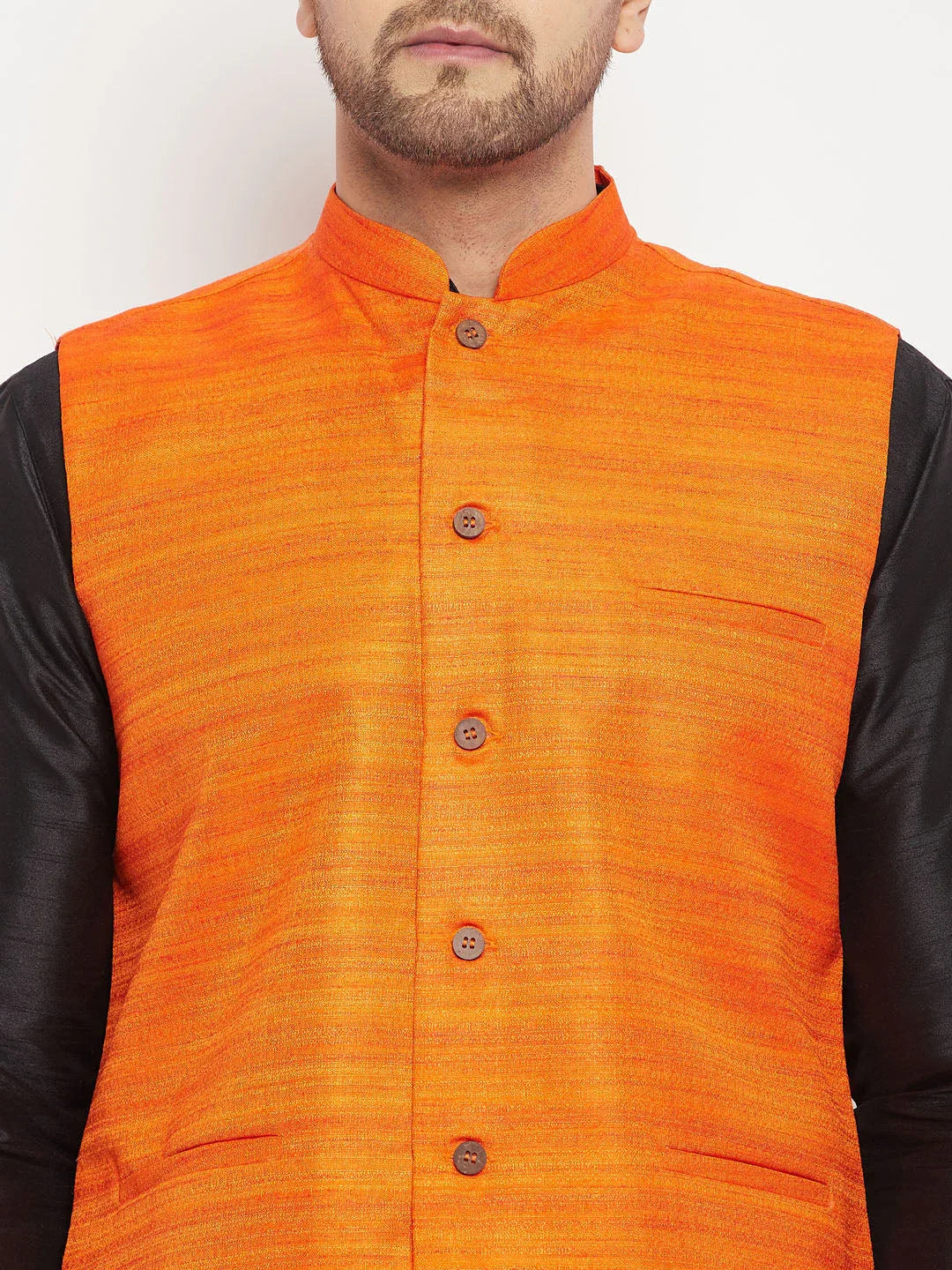 Men's Orange Matka Silk Nehru Jacket With Black Silk Blend Kurta And Pant Style Pyjama Set