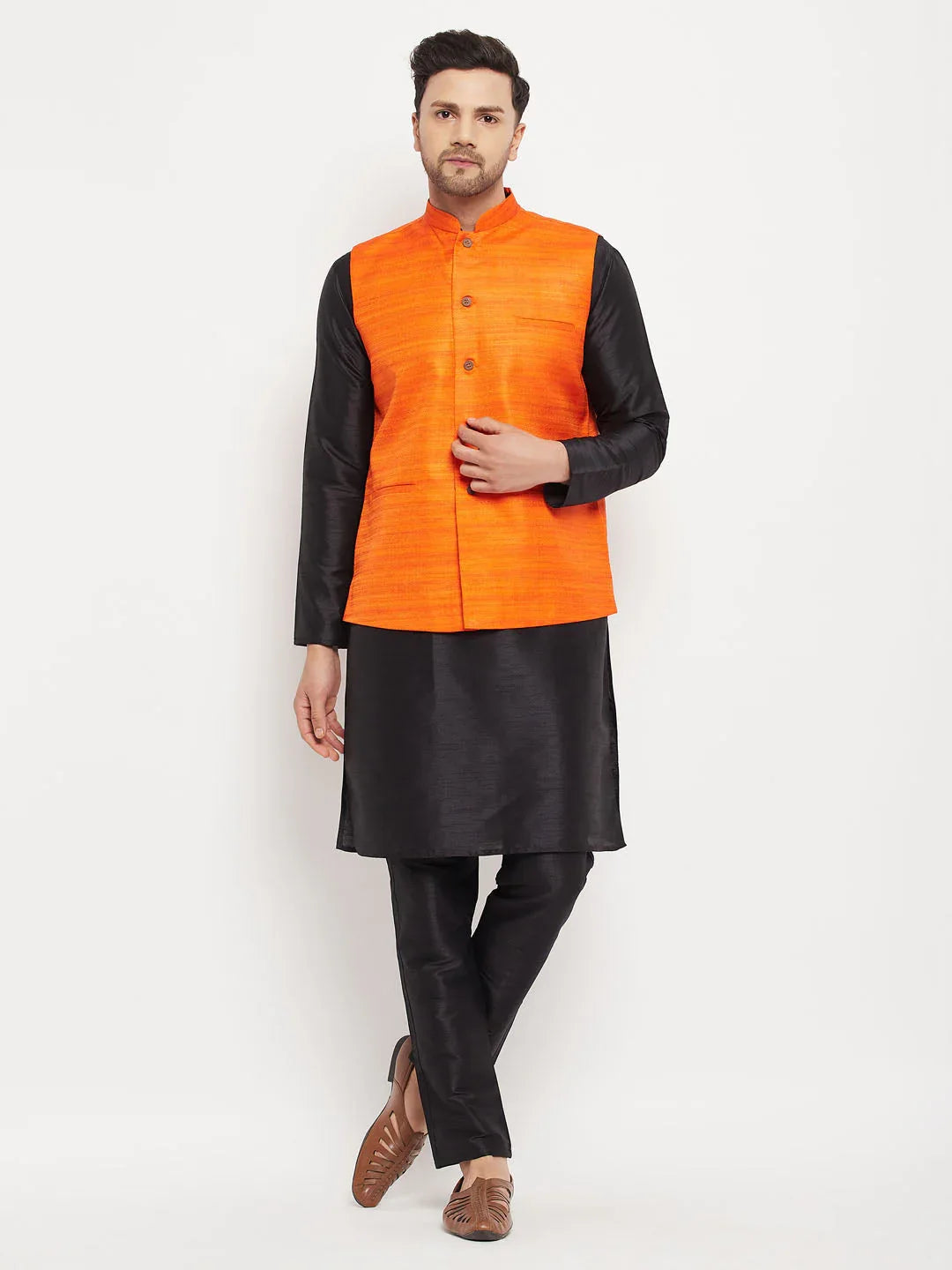 Men's Orange Matka Silk Nehru Jacket With Black Silk Blend Kurta And Pant Style Pyjama Set