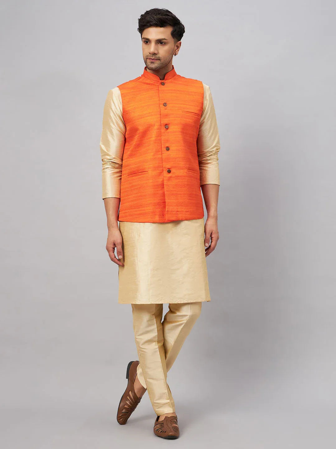 Men's Orange Matka Silk Nehru Jacket With Gold Silk Blend Kurta And Pant Style Pyjama Set