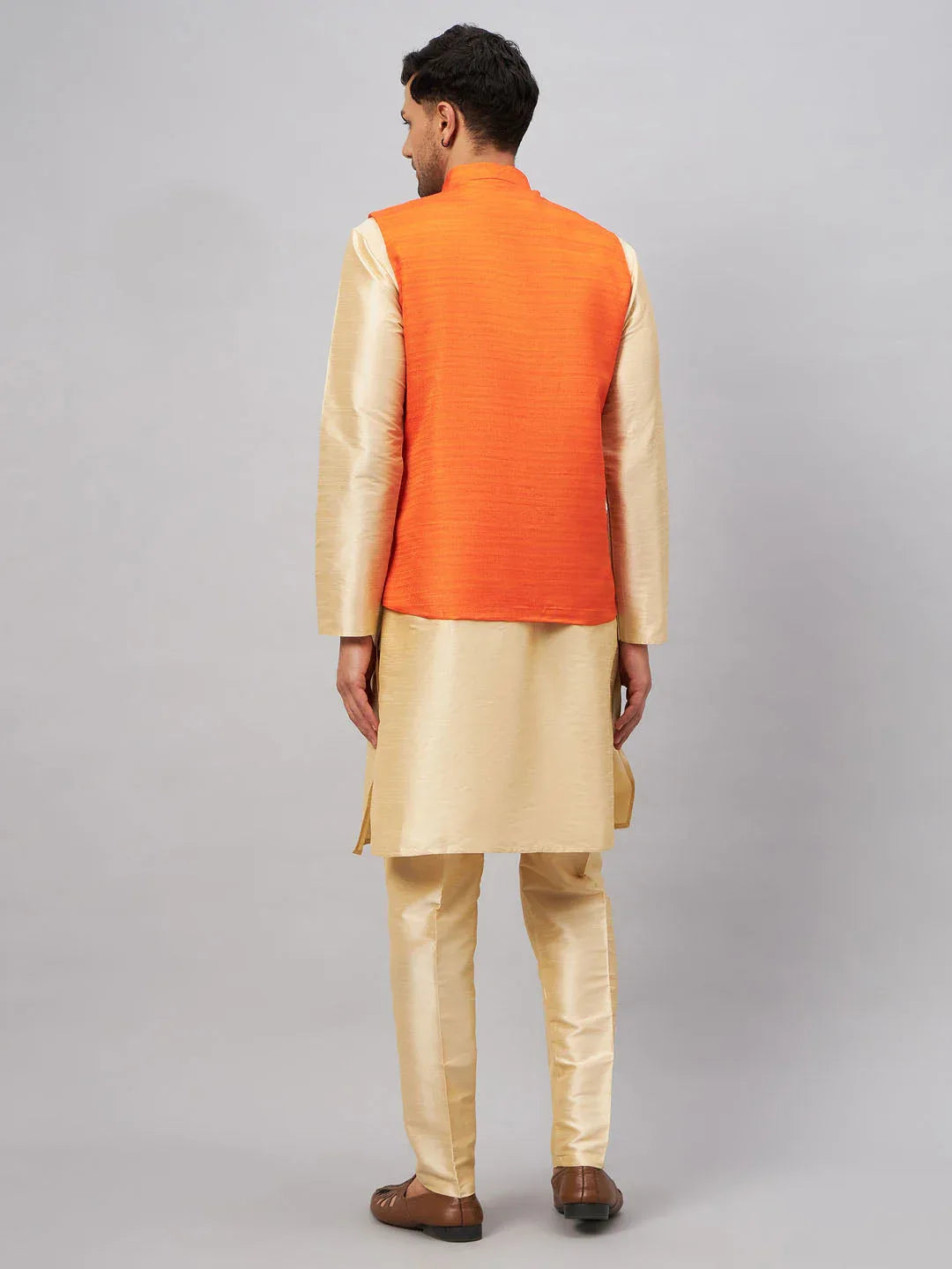 Men's Orange Matka Silk Nehru Jacket With Gold Silk Blend Kurta And Pant Style Pyjama Set