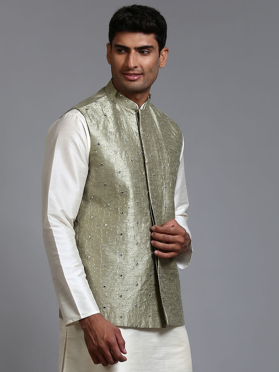 Men's Mehndi Green Embellished Jacket