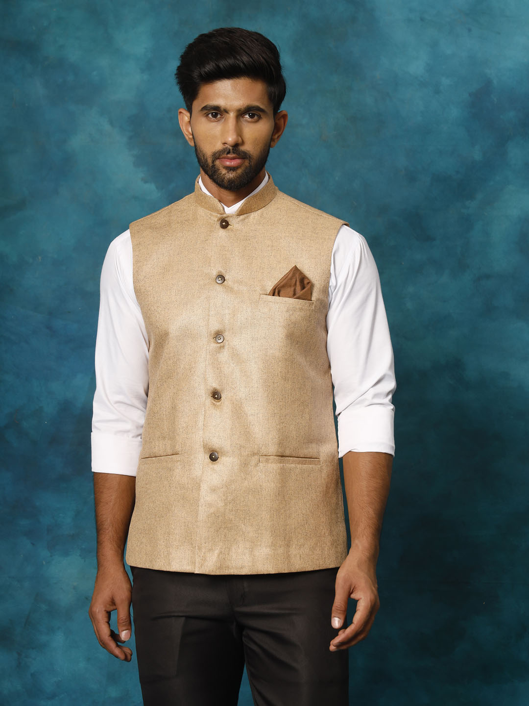 Men's Beige Woven Nehru Jacket