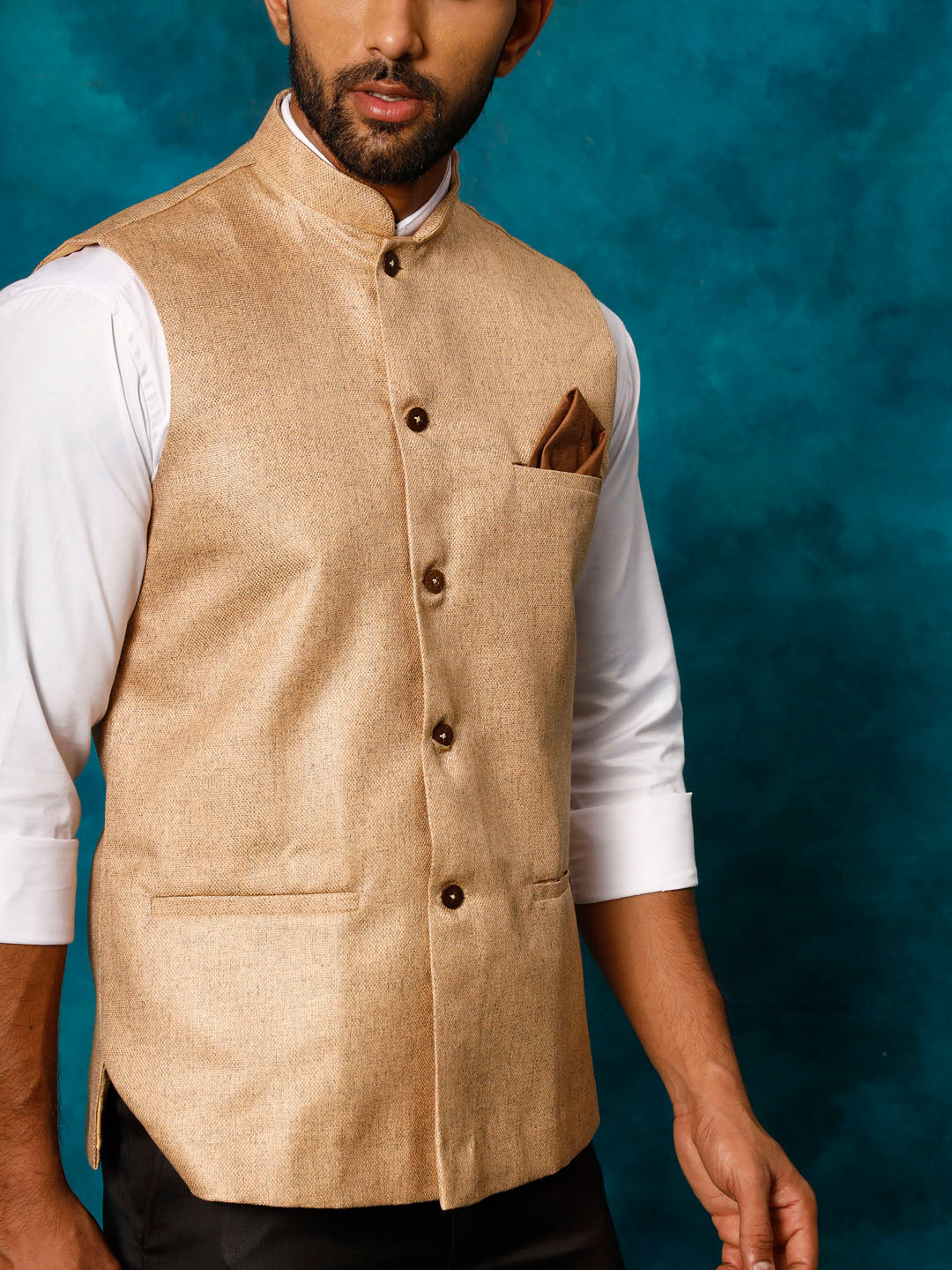 Men's Beige Woven Nehru Jacket