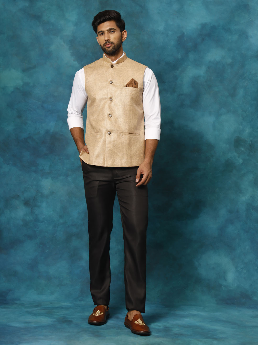 Men's Beige Woven Nehru Jacket