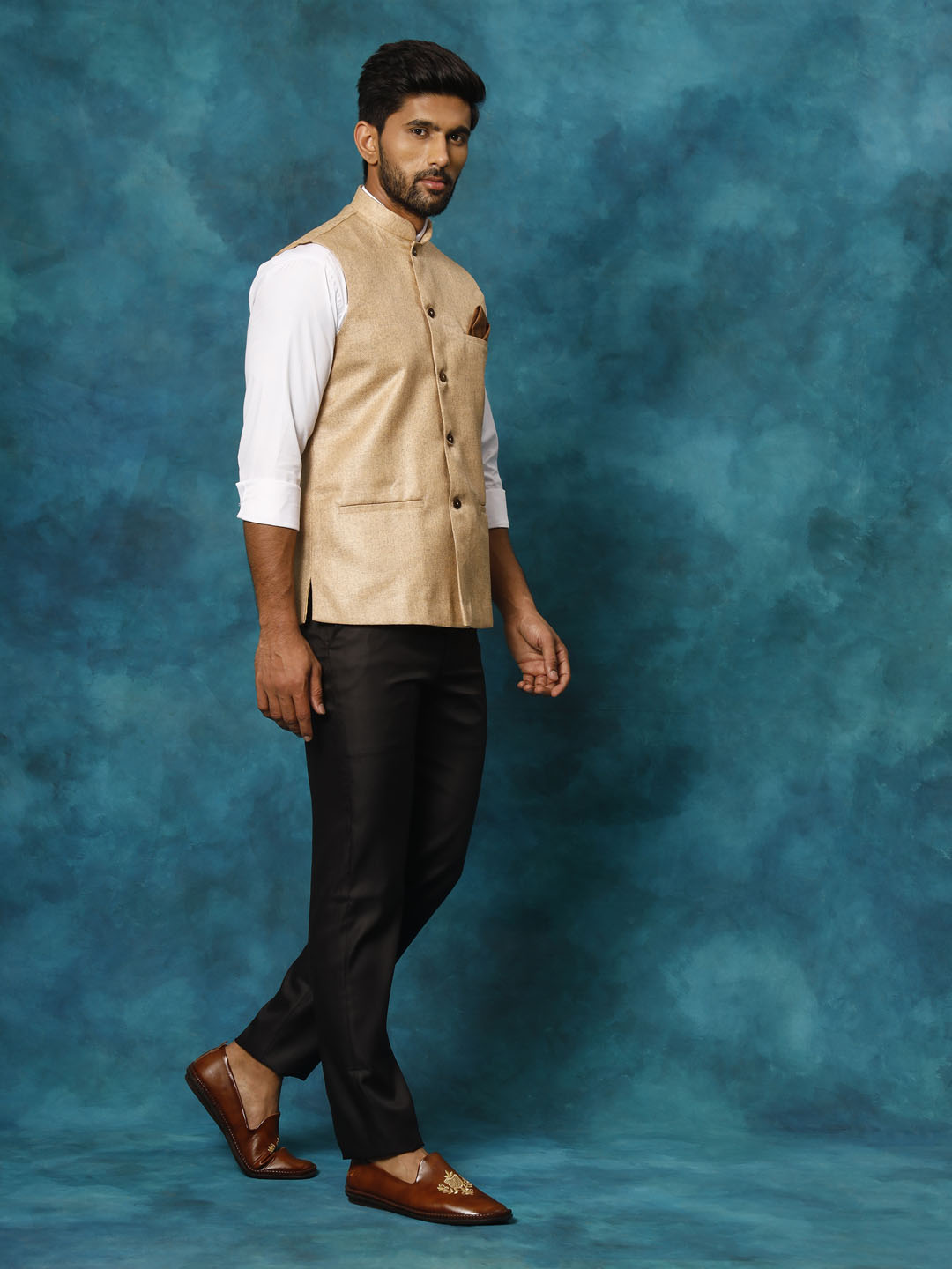 Men's Beige Woven Nehru Jacket