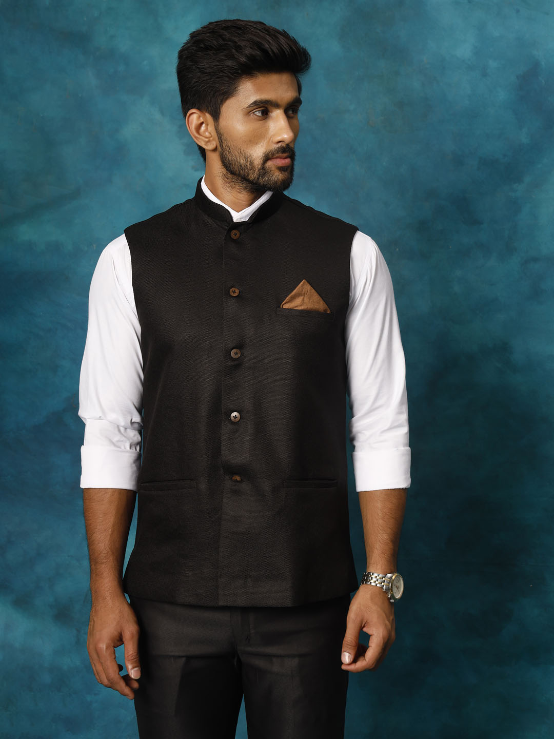 Men's Black Woven Nehru Jacket