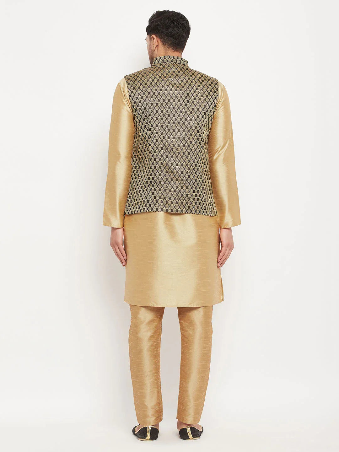 Men's Black Ethnic Jacket With Rose Gold Silk Blend Kurta And Pant Style Pyjama Set