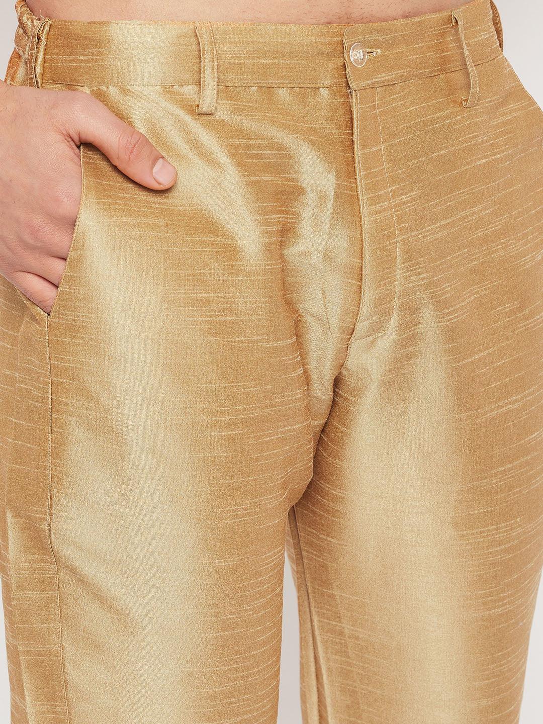 Men's Black Ethnic Jacket With Rose Gold Silk Blend Kurta And Pant Style Pyjama Set