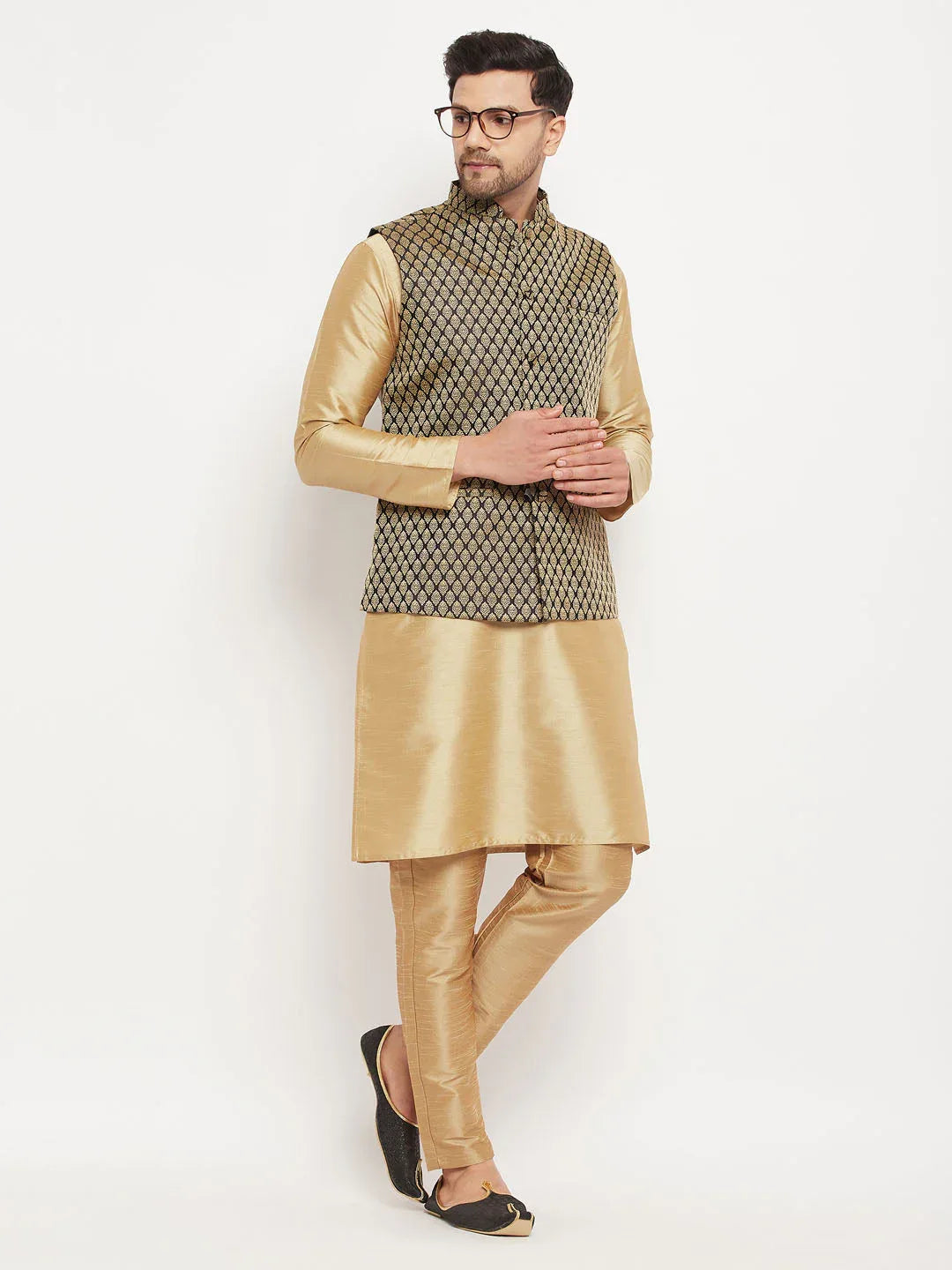 Men's Black Ethnic Jacket With Rose Gold Silk Blend Kurta And Pant Style Pyjama Set