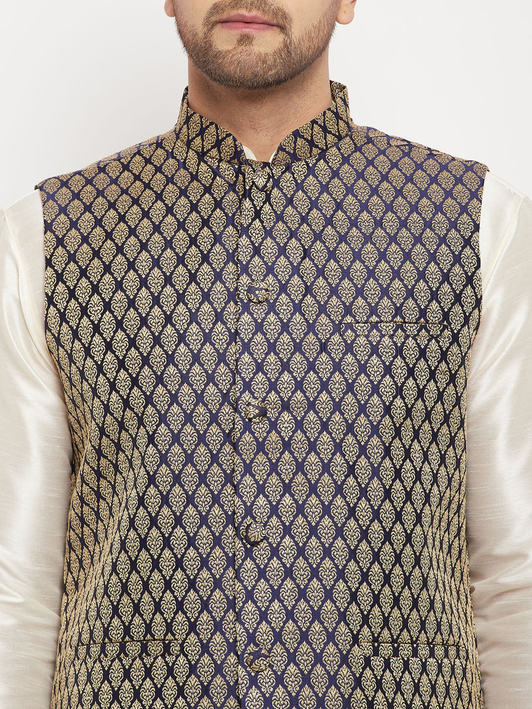 VASTRAMAY Men's Blue Cotton Silk Blend Ethnic Jacket