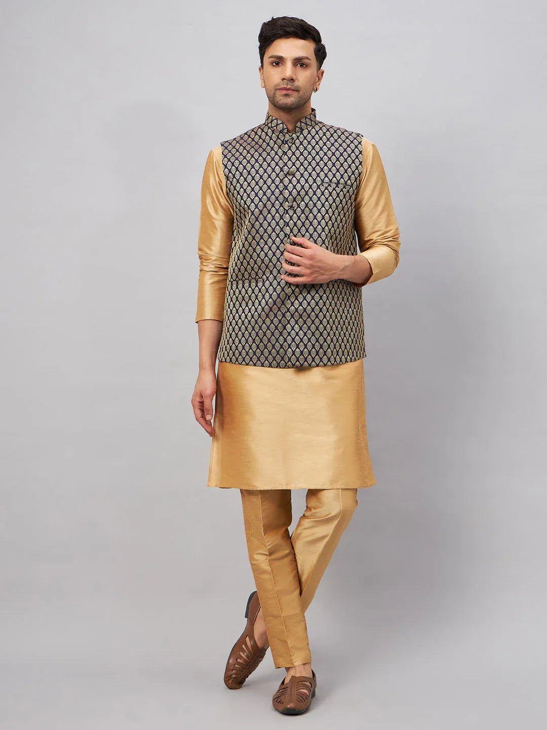 Men's Blue Ethnic Jacket With Rose Gold Silk Blend Kurta And Pant Style Pyjama Set