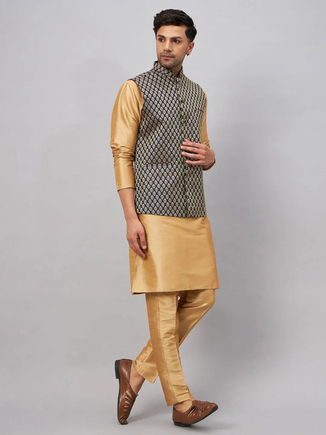 Men's Blue Ethnic Jacket With Rose Gold Silk Blend Kurta And Pant Style Pyjama Set