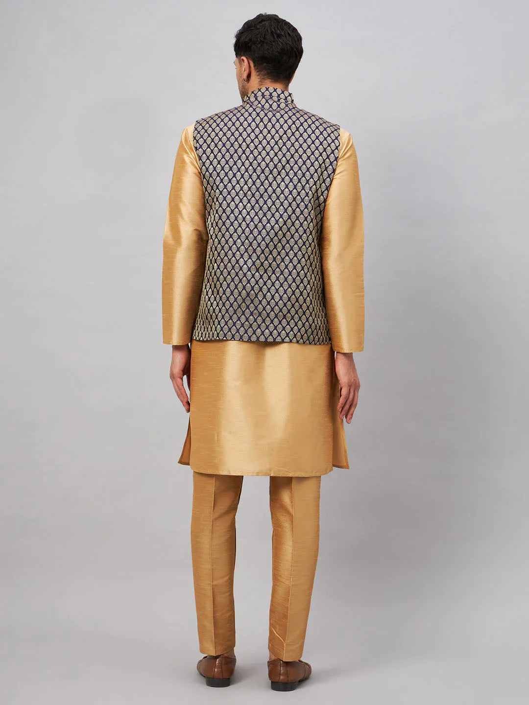 Men's Blue Ethnic Jacket With Rose Gold Silk Blend Kurta And Pant Style Pyjama Set
