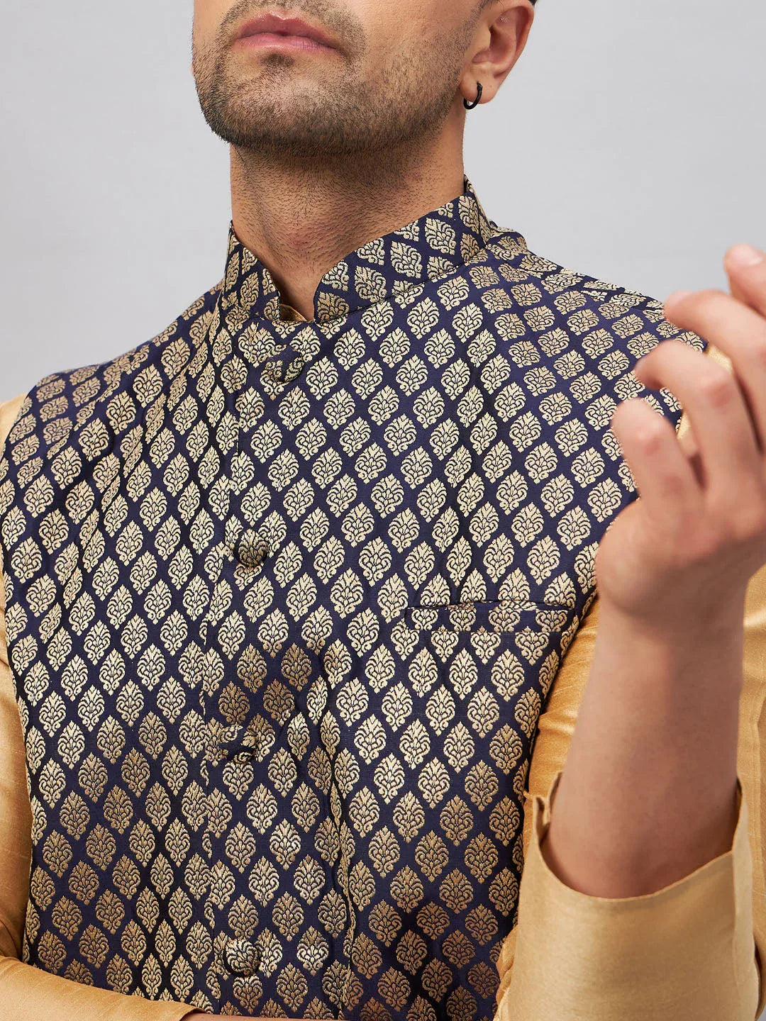 Men's Blue Ethnic Jacket With Rose Gold Silk Blend Kurta And Pant Style Pyjama Set