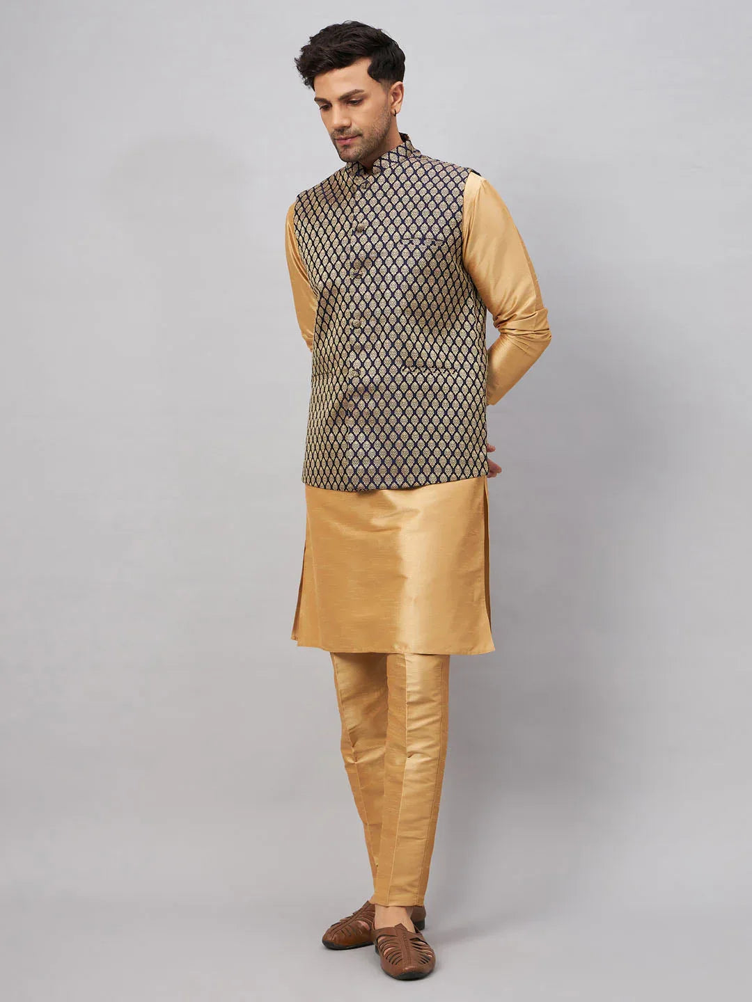 Men's Blue Ethnic Jacket With Rose Gold Silk Blend Kurta And Pant Style Pyjama Set