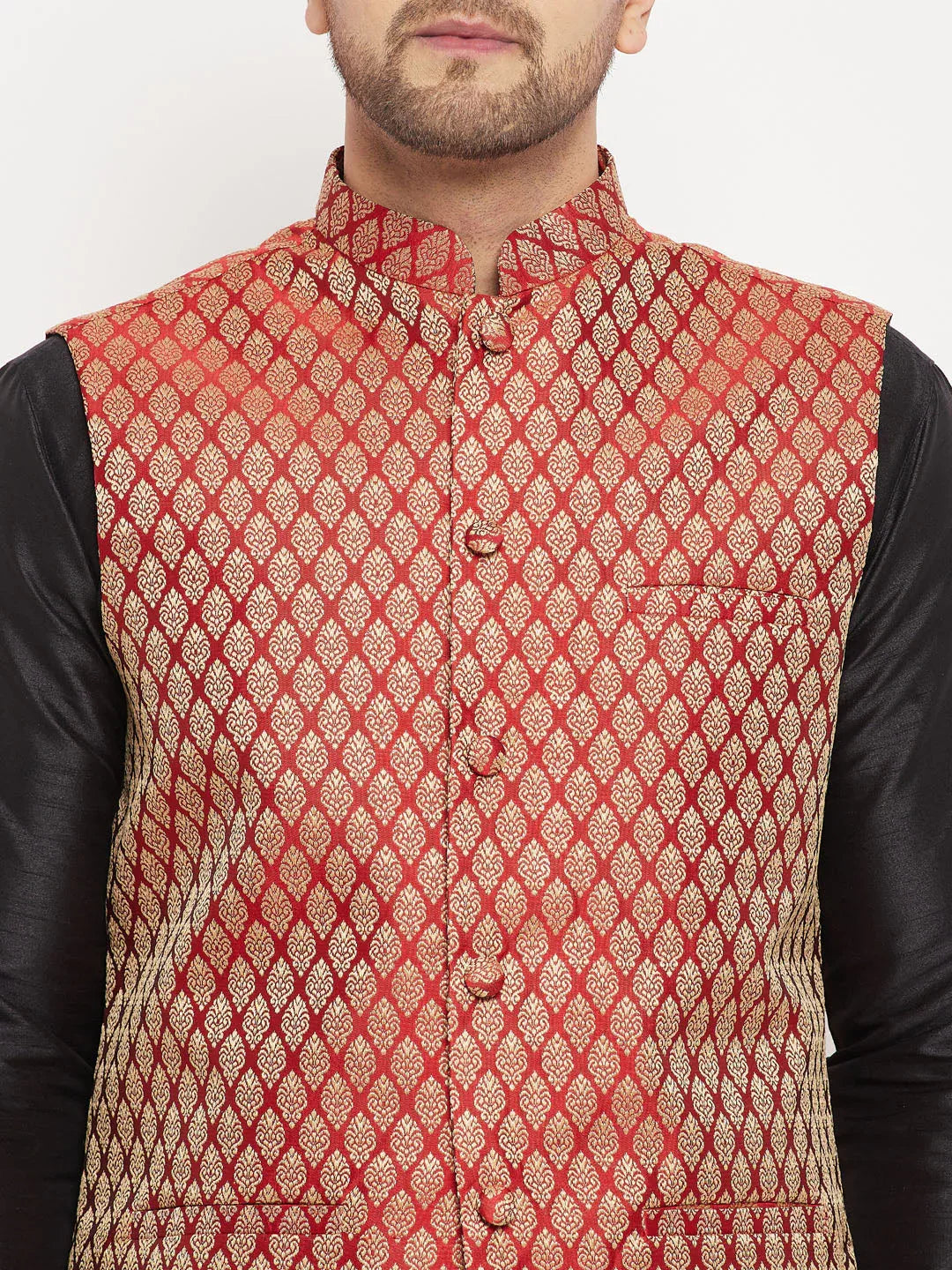 Men's Maroon Silk Blend Ethnic Jacket, Black Kurta And Maroon Pant Style Pyjama Set