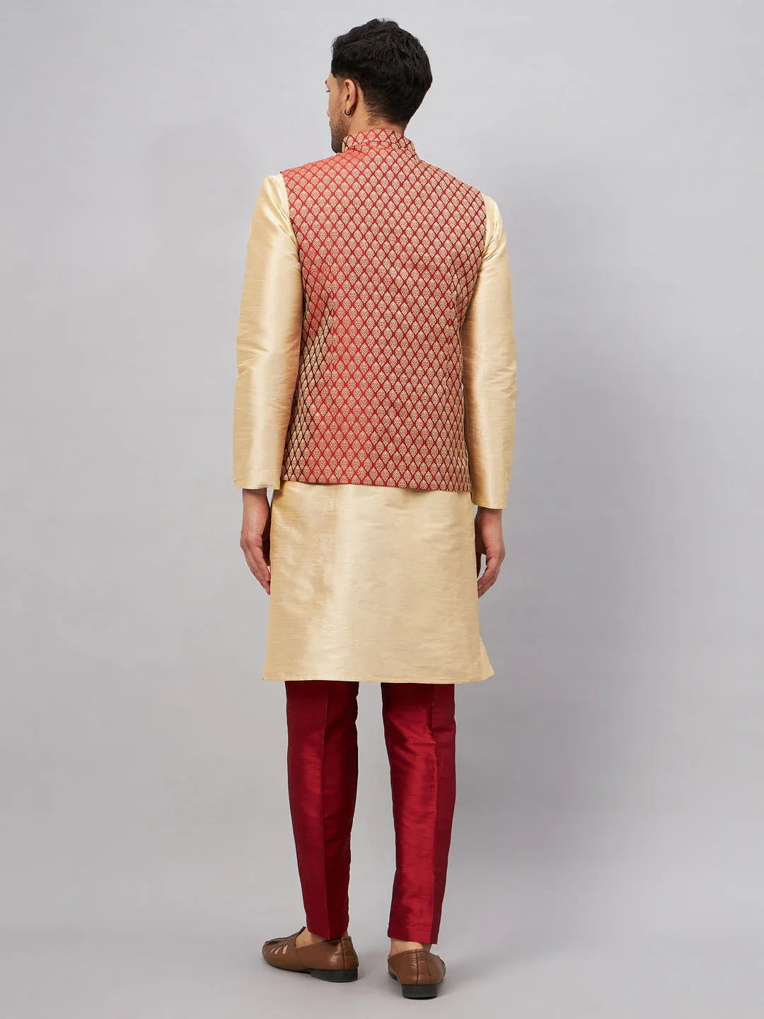 Men's Maroon Silk Blend Ethnic Jacket With Gold Kurta And Maroon Pant Style Pyjama Set