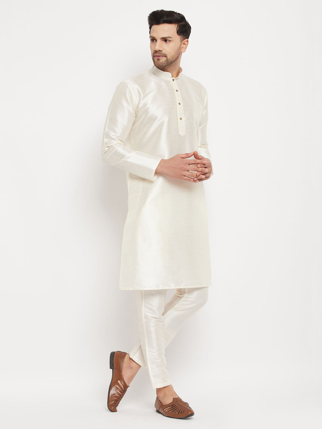 Men's Cream Cotton Silk Blend Kurta And Pant Style Pyjama Set