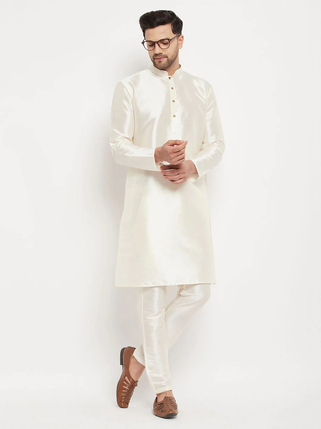 Men's Cream Cotton Silk Blend Kurta And Pant Style Pyjama Set