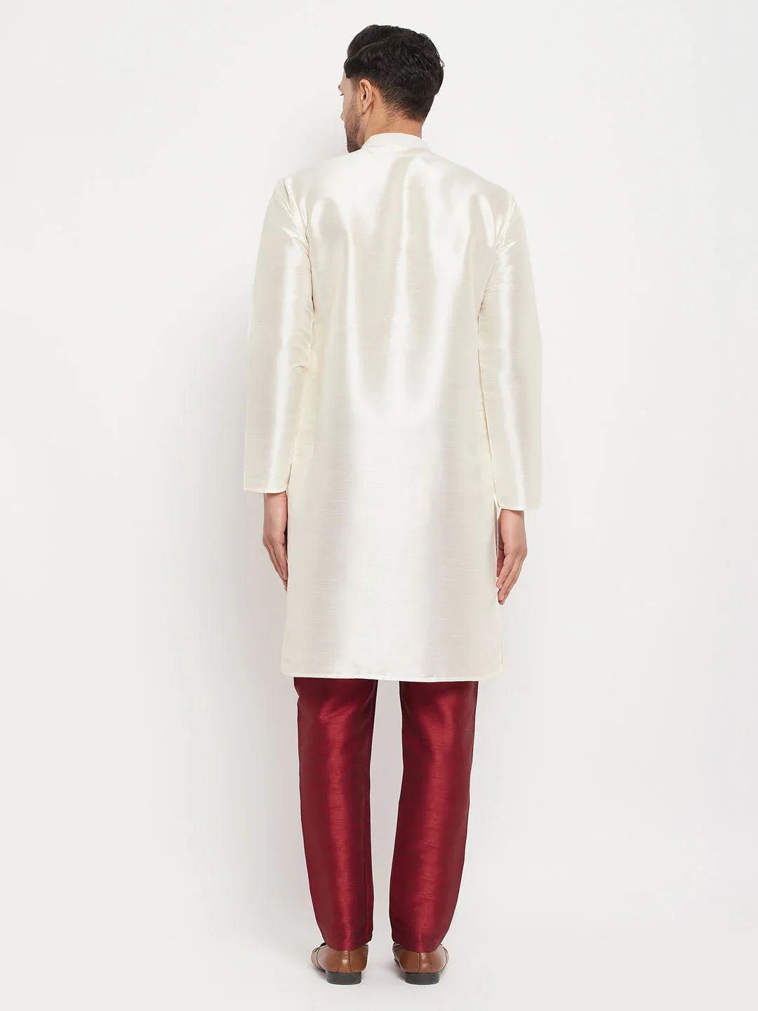 Men's Cream Cotton Silk Blend Kurta And Maroon Pant Style Pyjama Set