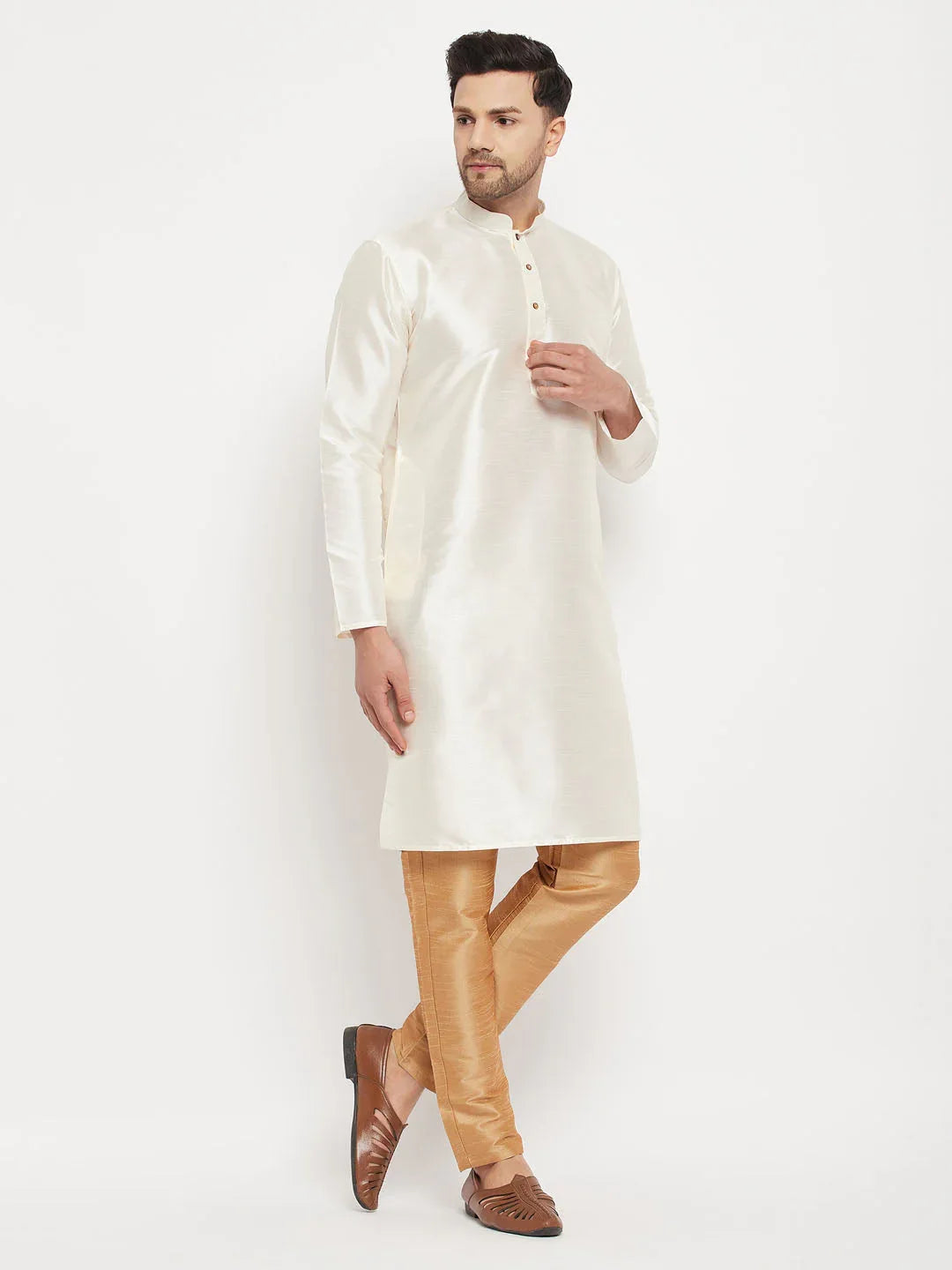 Men's Cream Cotton Silk Blend Kurta And Rose Gold Pant Style Pyjama Set