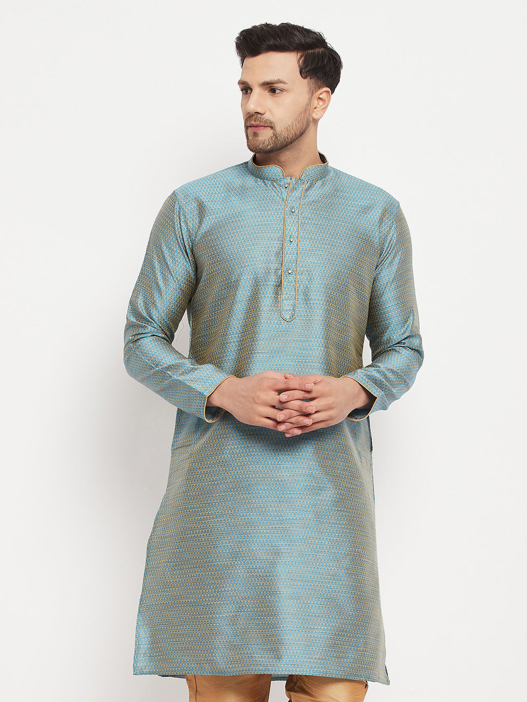 VASTRAMAY Men's Aqua Blue Silk Blend Kurta