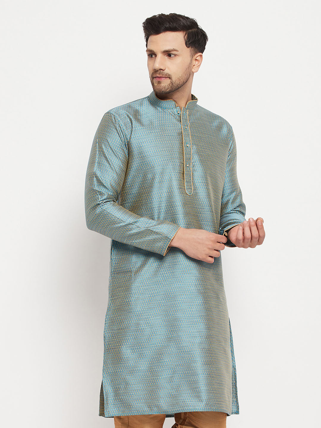 VASTRAMAY Men's Aqua Blue Silk Blend Kurta