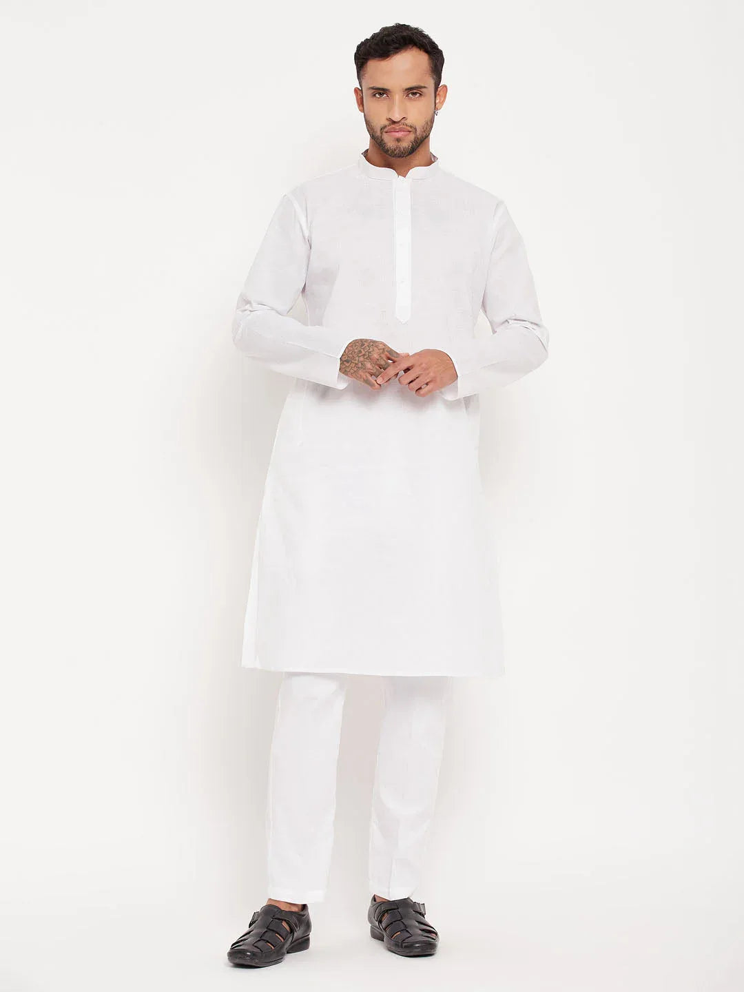 Men's White Kurta And Pant Style Pajama Set