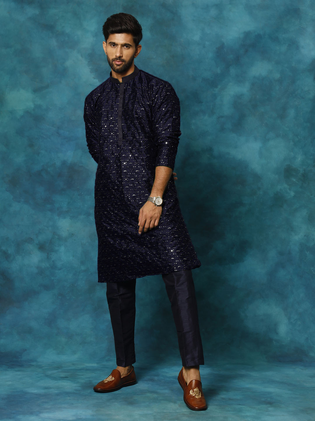 Men's Blue Silk Blend Kurta Pyjama Set