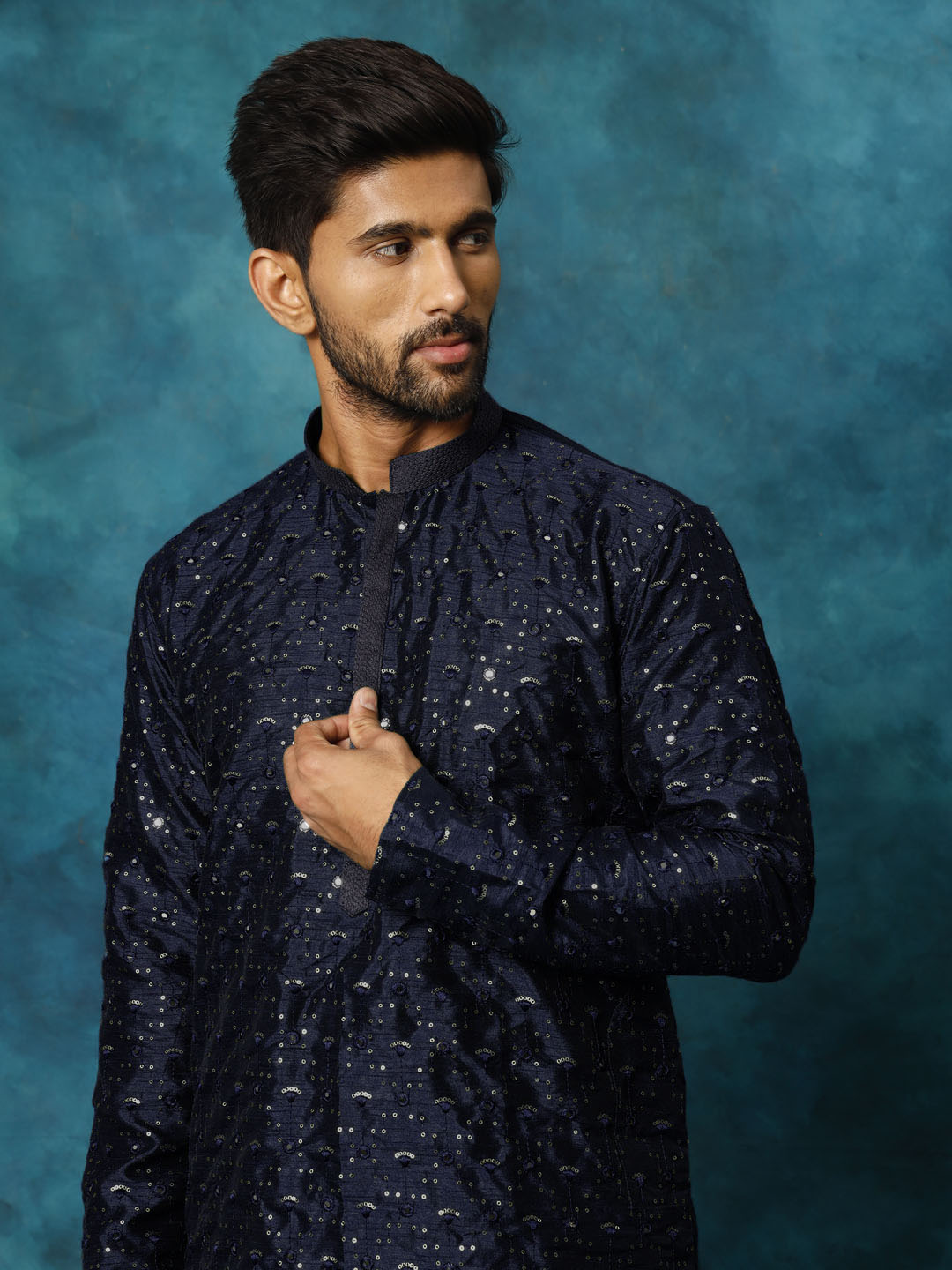 Men's Blue Silk Blend Kurta Pyjama Set