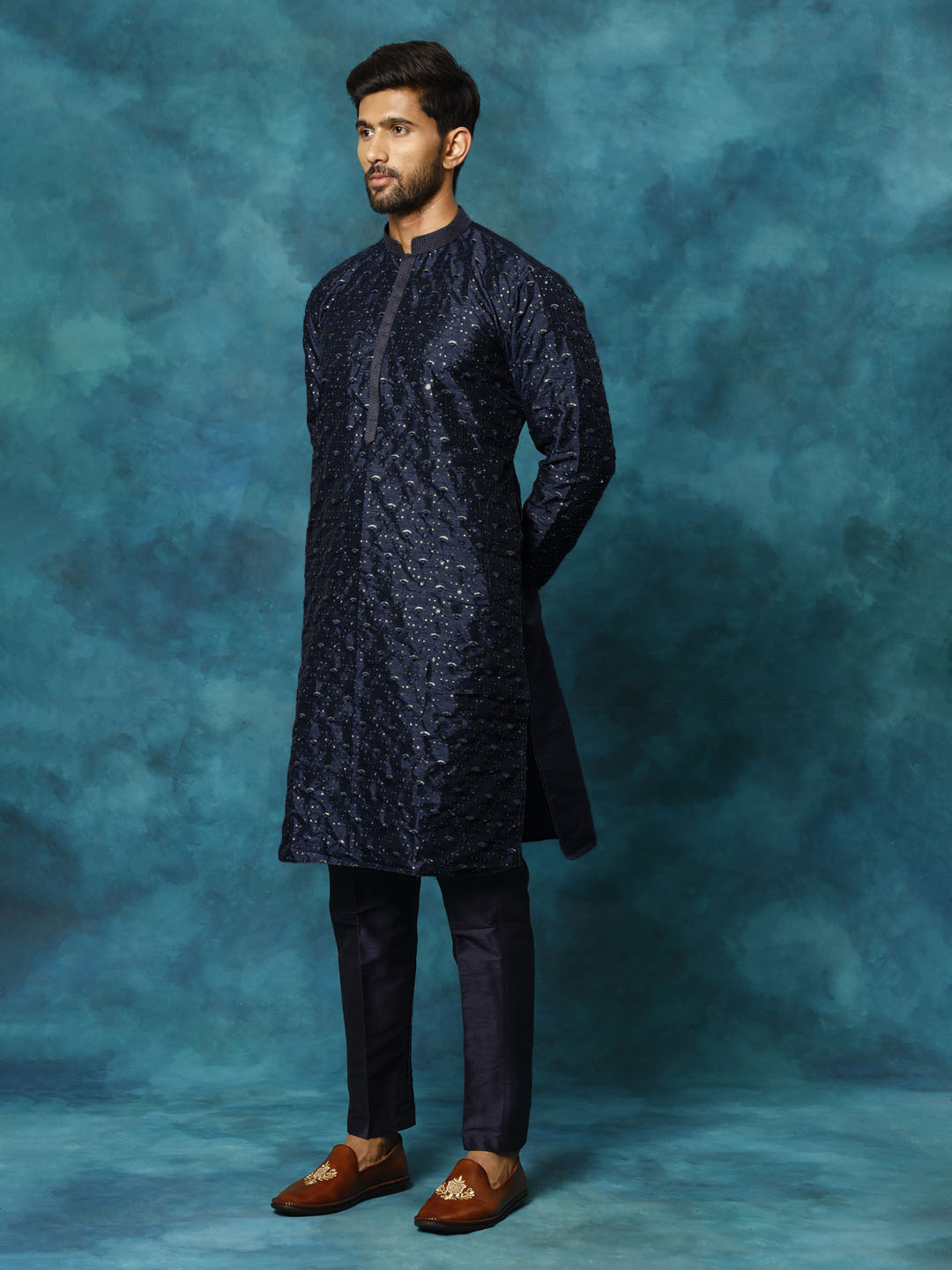 Men's Blue Silk Blend Kurta Pyjama Set
