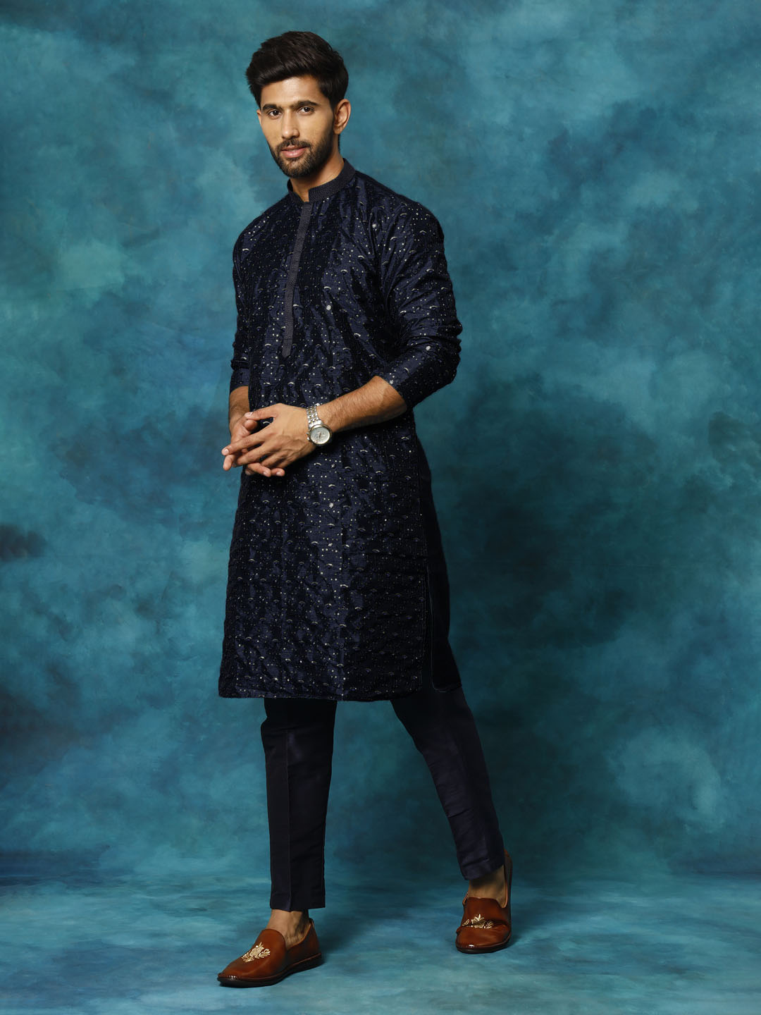 Men's Blue Silk Blend Kurta Pyjama Set