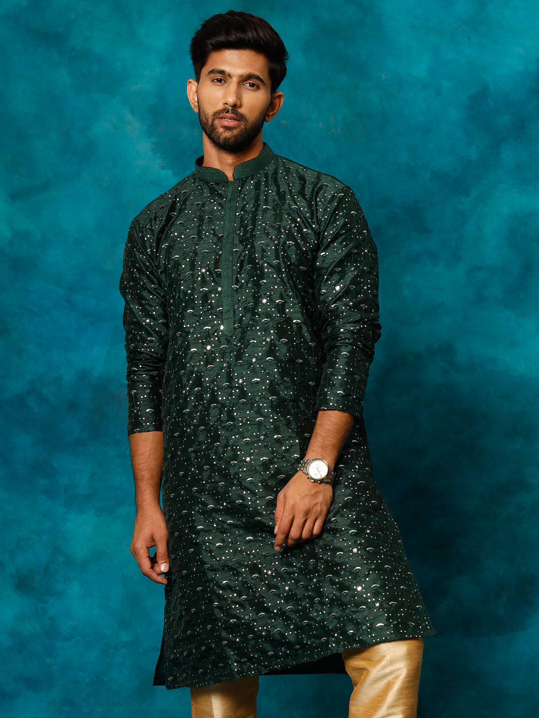 Men's Green Silk Blend Embellished Kurta