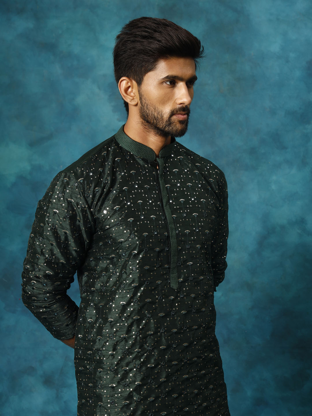 Men's Green Silk Blend Embellished Kurta