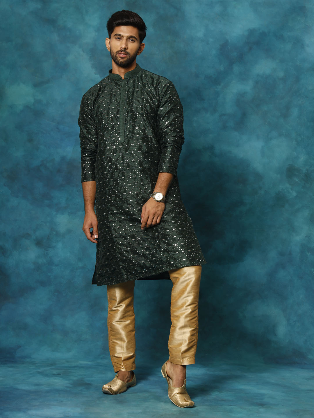 Men's Green Silk Blend Embellished Kurta