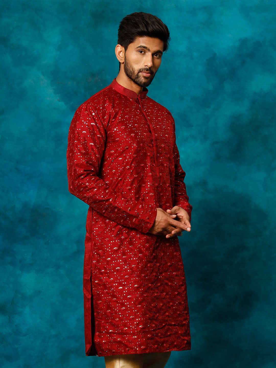 Men's Maroon Silk Blend Embellished Kurta