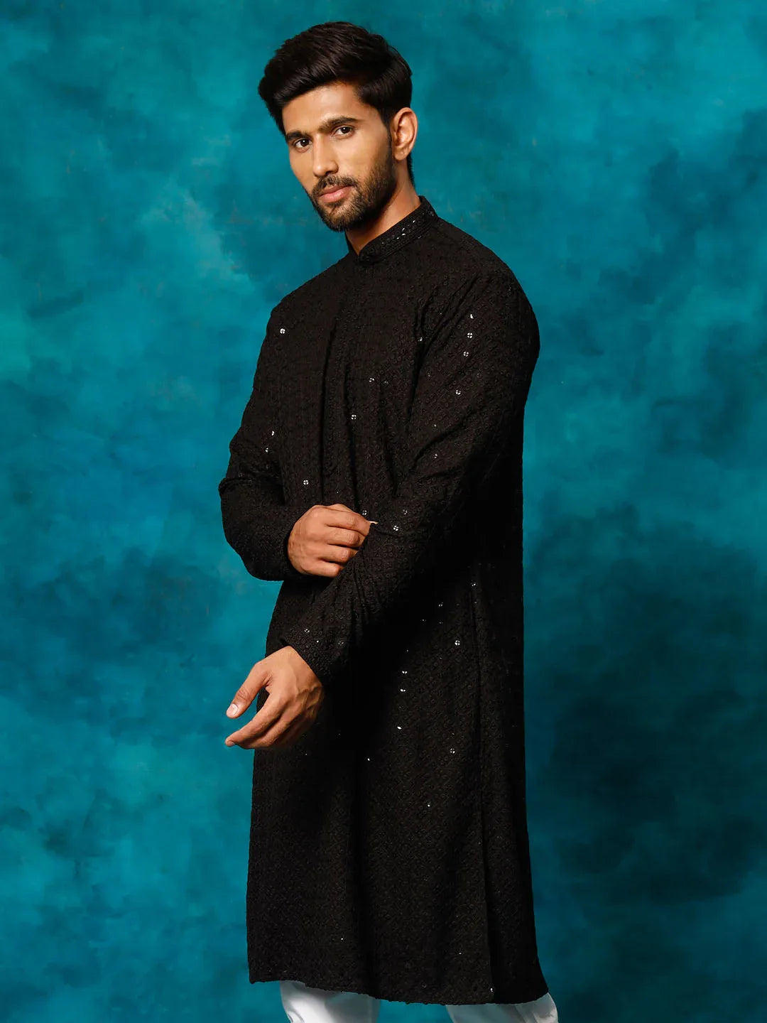 Men's Black Rayon Schiffli Kurta