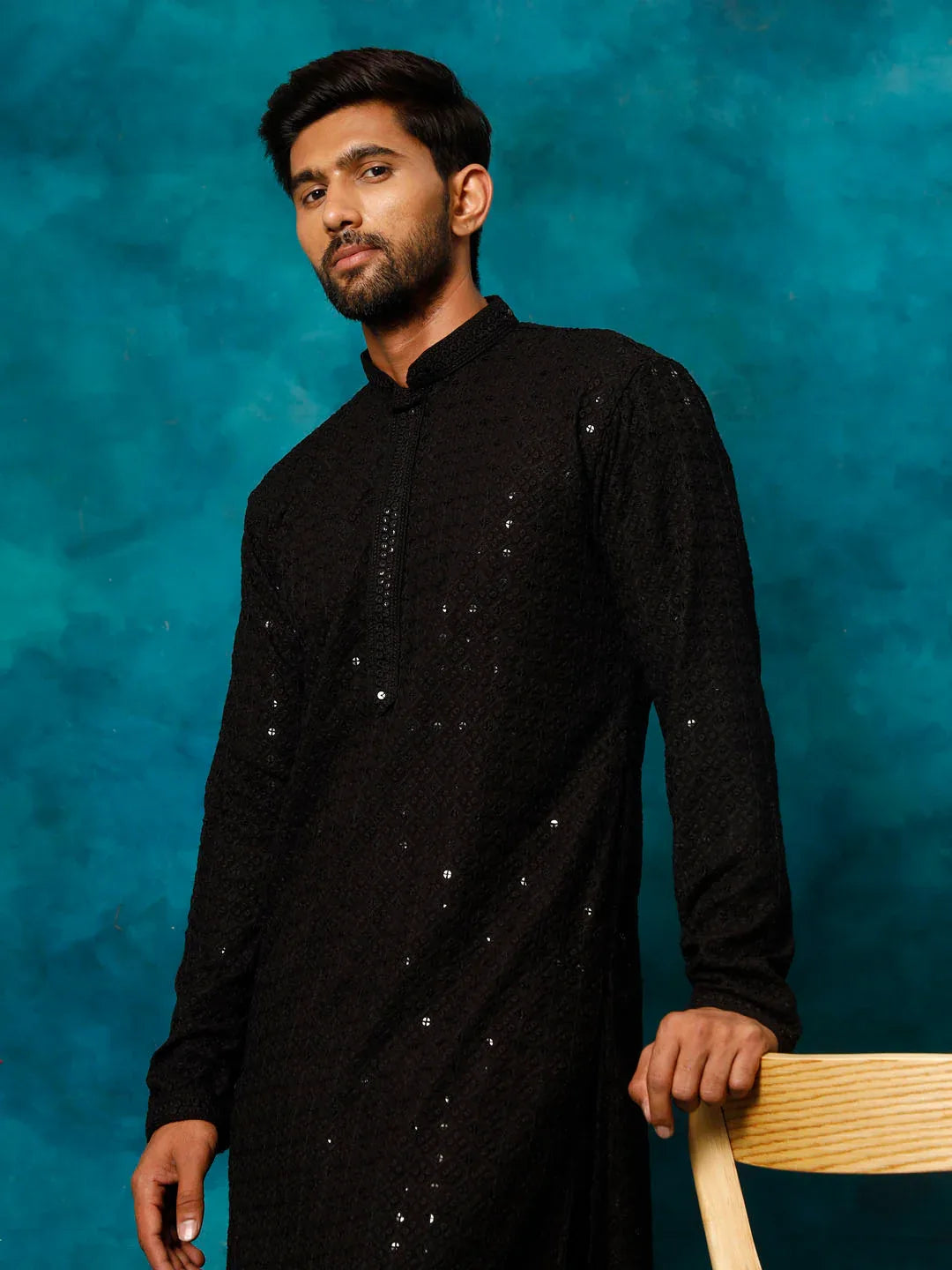 Men's Black Rayon Schiffli Kurta And Pant Set