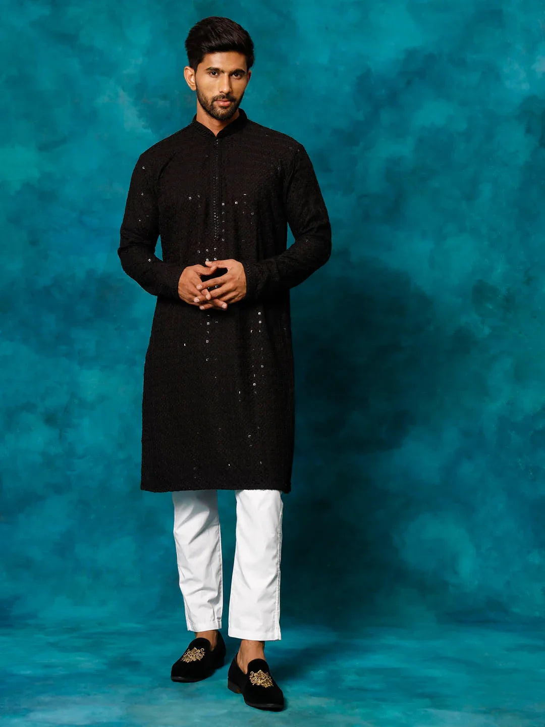 Men's Black Rayon Schiffli Kurta And Pant Set