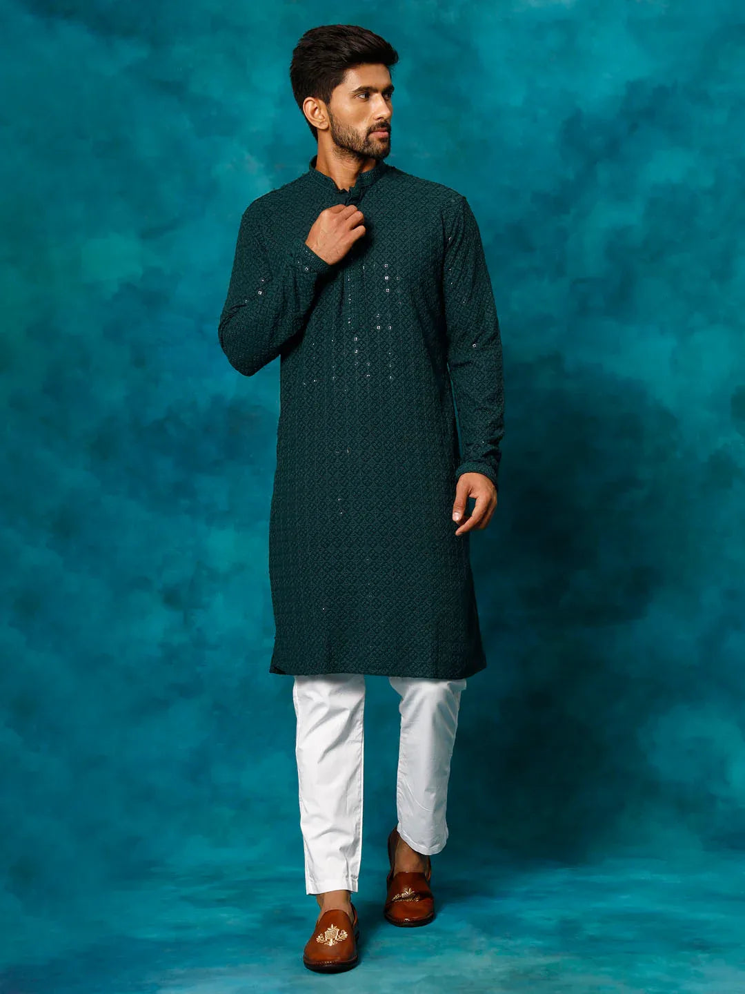Men's Green Rayon Schiffli Kurta And Pant Set