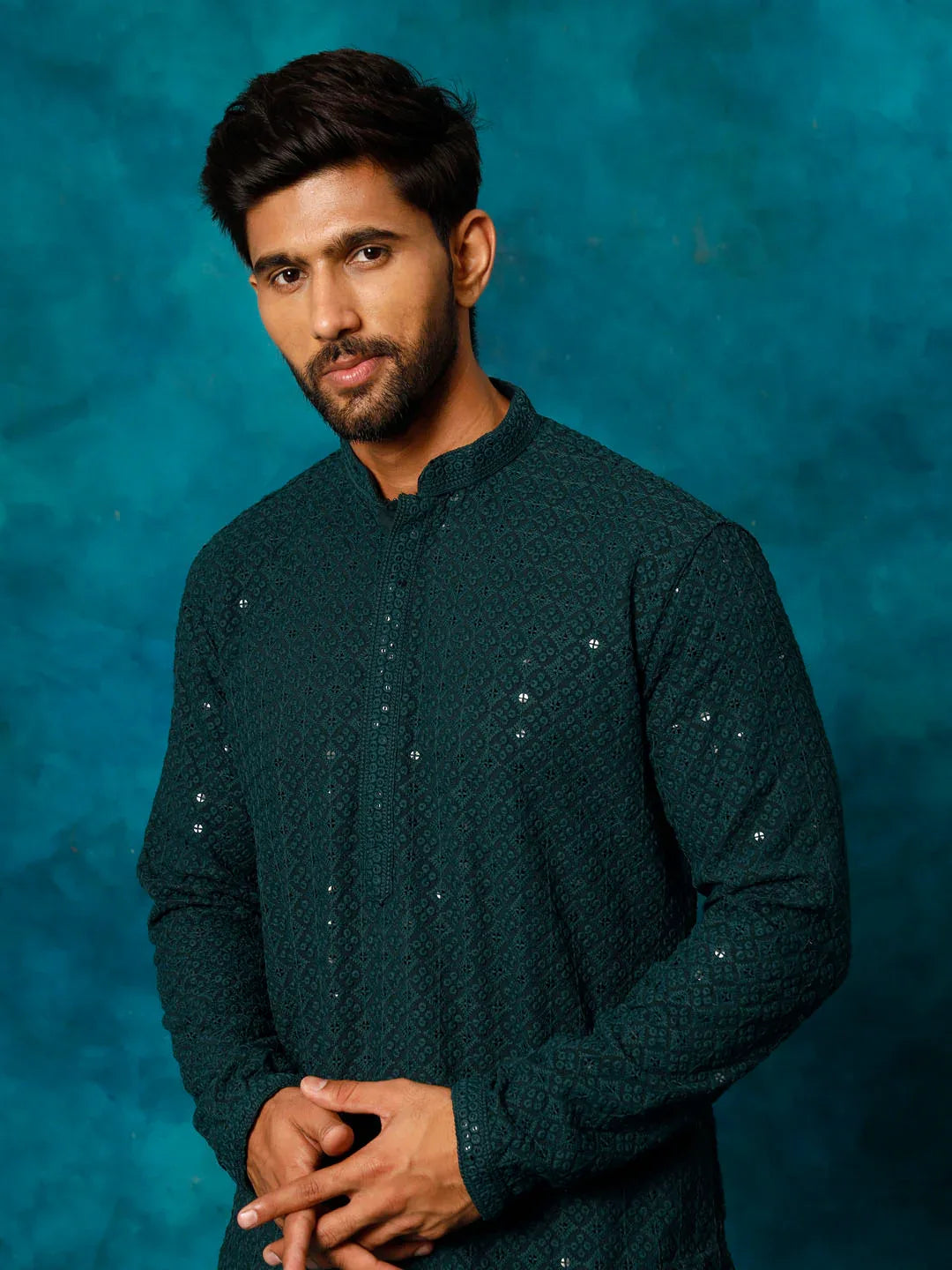 Men's Green Rayon Schiffli Kurta And Pant Set