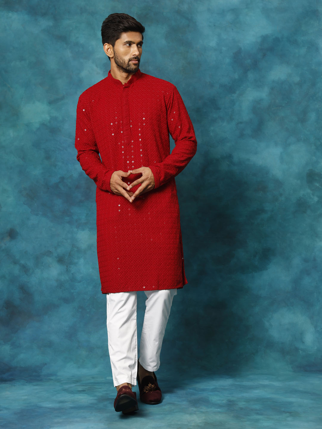 Men's Maroon Rayon Schiffli Kurta And Pant Set
