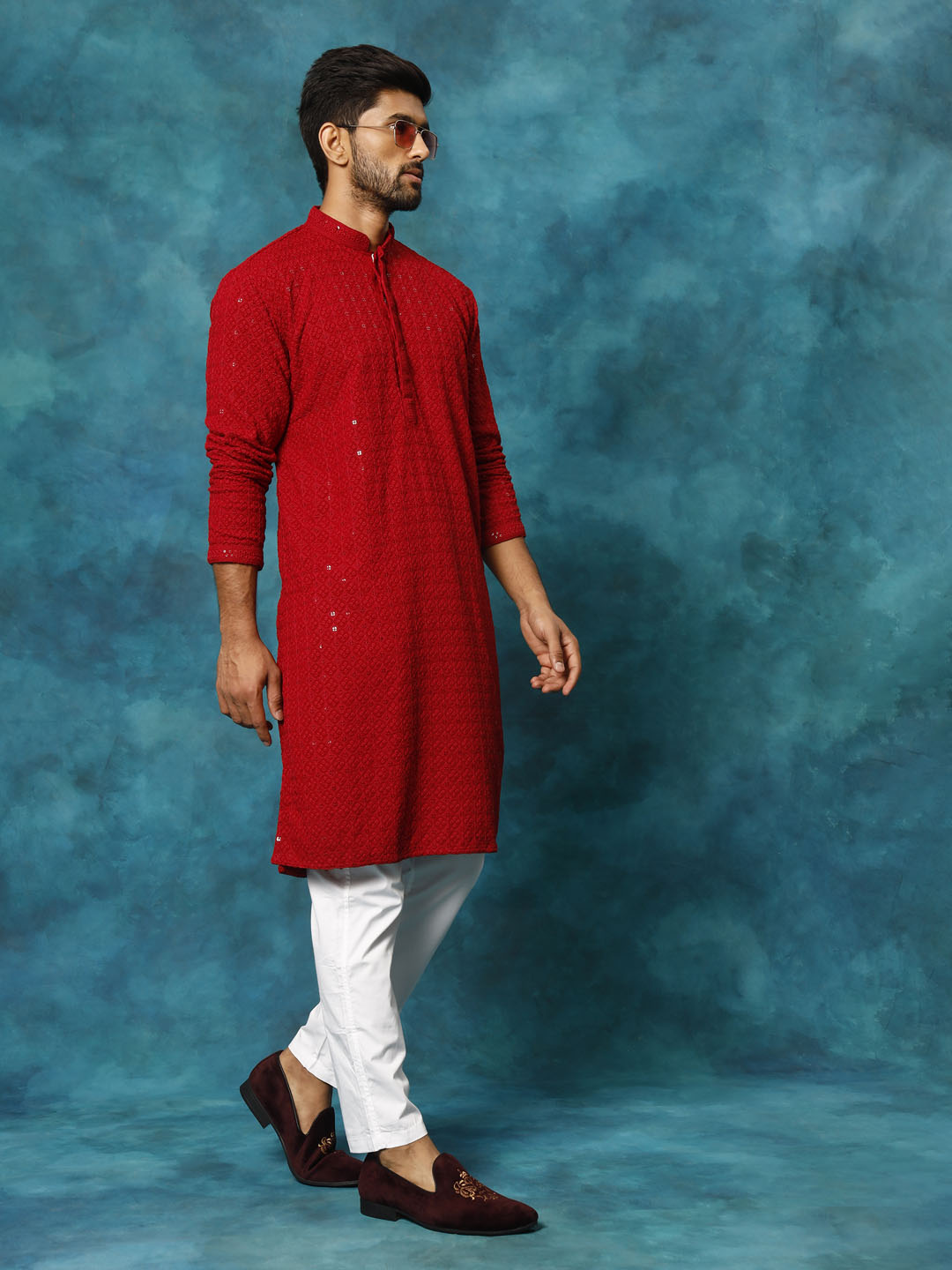 Men's Maroon Rayon Schiffli Kurta And Pant Set